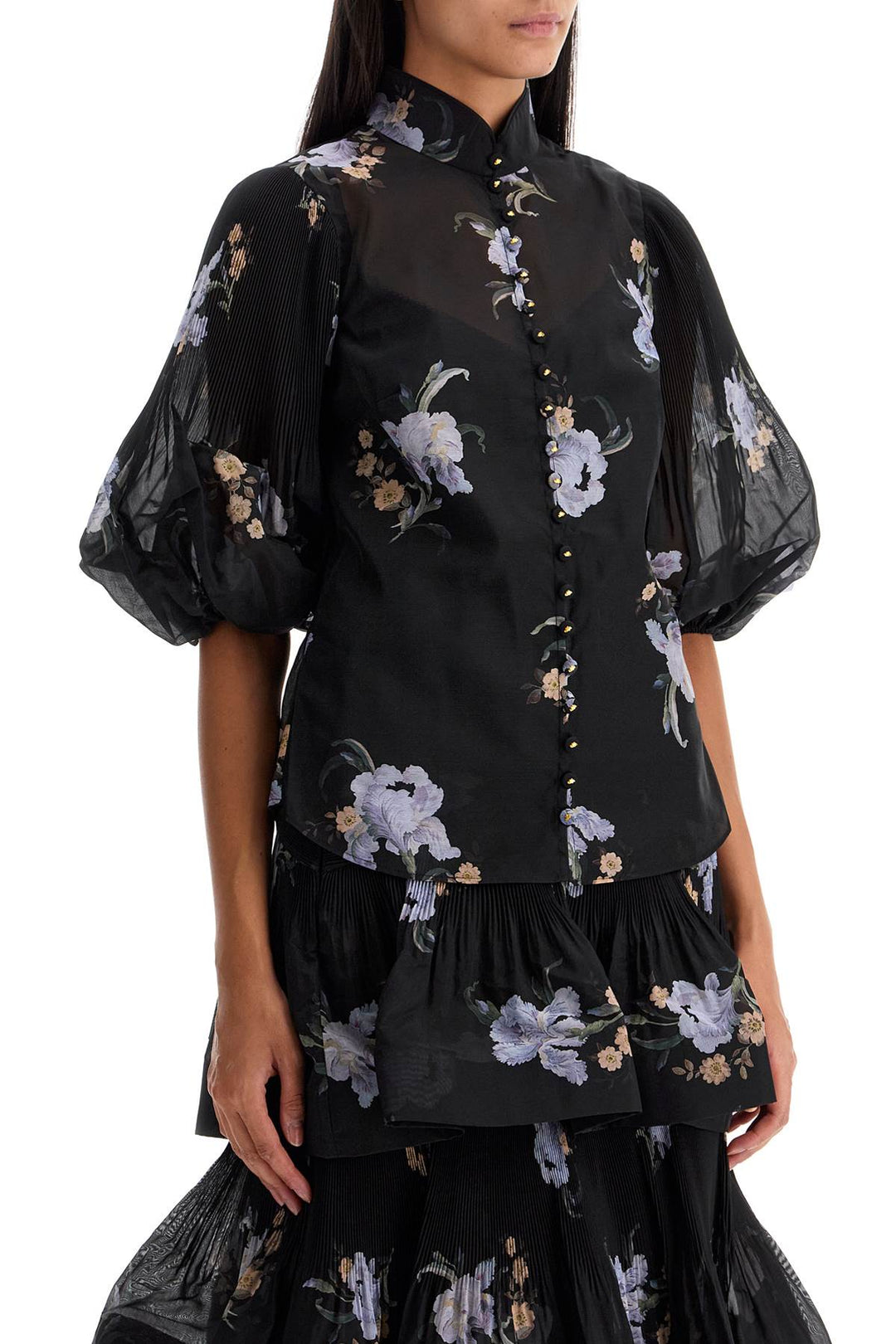 Zimmermann illustrated blouse with pleated sleeves