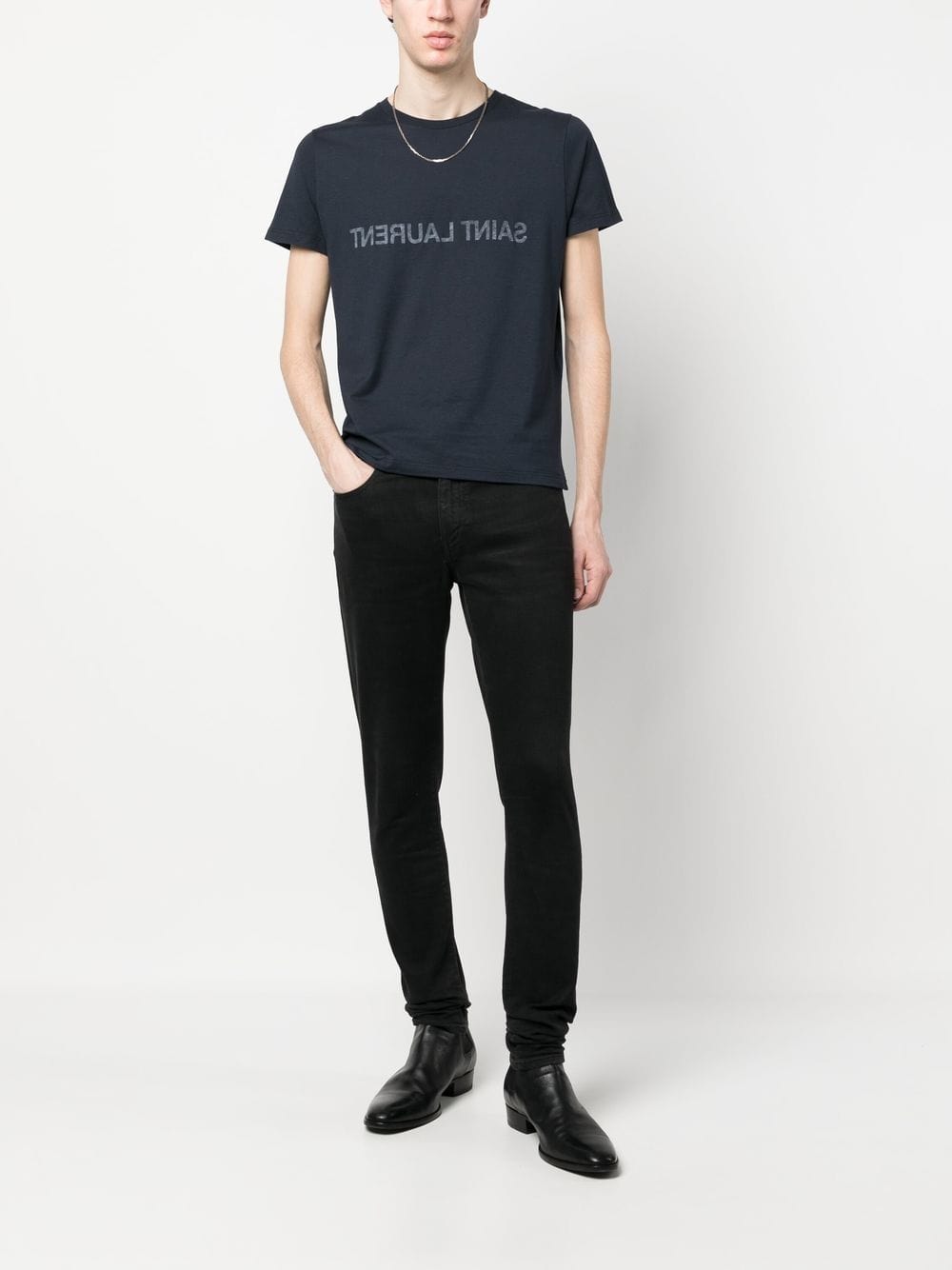 Saint Laurent Topwear L Saint Laurent T-shirts and Polos Blue Saint Laurent Navy Blue Reverse Logo-Print Cotton T-Shirt Brand